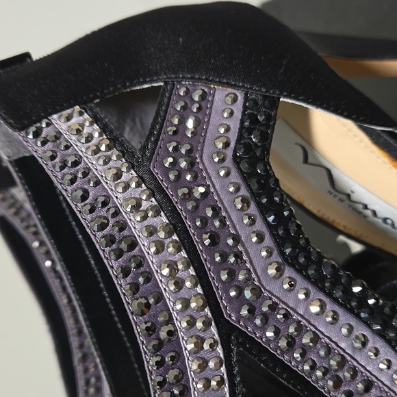 NINA FLAVOR - LS BLACK STEEL EMBELLISHED SATIN HIGH HEELS EVENING 6.5 W BOX - Picture 12 of 16